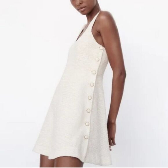 Zara Size S Bouclee Tweed Sleeveless Mini‎ Dress Cream White Coquette Feminine - Picture 11 of 11